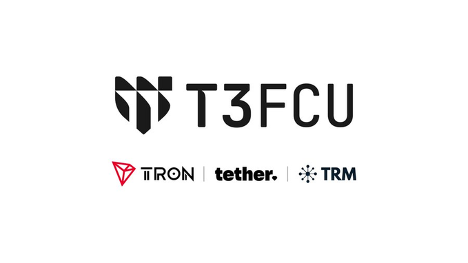 In this image, there's a logo for T3 FCU, a financial crime unit that fights against blockchain financial crimes. The logo features black text with red letters, and the word "T3" is prominently displayed at the top followed by "FCU", indicating the type of business they represent. Additionally, there are logos from other companies likeTRON, tether.io, and TRM Labs within the frame, suggesting collaboration or partnership in the fight against financial crime on the blockchain. The overall layout of the logo appears professional and well-designed, making it easily recognizable to viewers.