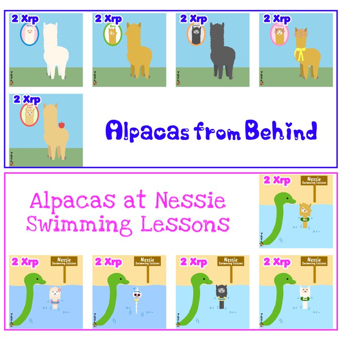 A grid of cartoon illustrations titled 'Alpacas from Behind' and 'Alpacas at Nessie Swimming Lessons,' each marked '2 Xrp' and featuring alpacas in various scenarios.