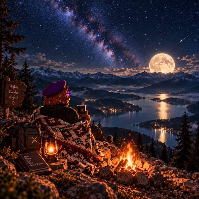 A digital illustration of a cozy nighttime scene featuring a bear in a beret wrapped in a blanket by a campfire, overlooking a lake and mountains under a starry Milky Way sky and full moon, with a sign reading 'Higher Gooder Nights'.