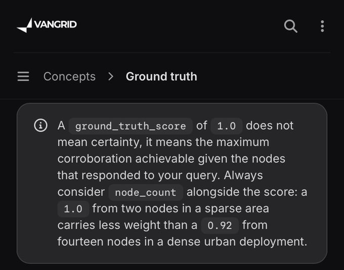 A dark-mode educational screen from the Vangrid app explaining the concept of 'Ground truth', specifically detailing what a 'ground_truth_score' of 1.0 means in relation to node_count.