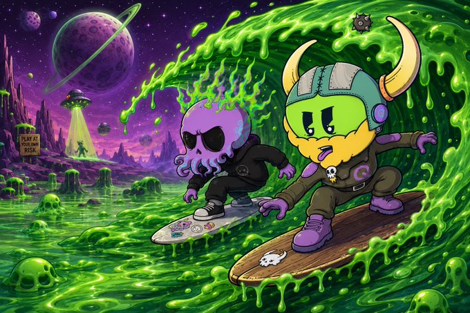 A vibrant, cartoon-style illustration depicting an octopus-headed alien and a viking-helmeted green character surfing on a board through a toxic green slime wave, set against a purple cosmic background with UFOs and planets.