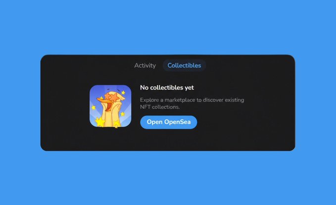 The image shows a digital wallet interface with a "Collectibles" tab selected, displaying "No collectibles yet" and prompting users to "Open OpenSea" to explore NFT marketplaces, featuring an illustration of a hand tossing coins with stars. This aligns with the post's claim that stickers and gifts will be available on OpenSea after integration, as the wallet is set up to connect users to the OpenSea NFT marketplace.