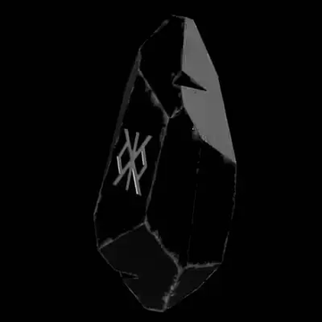 A dark, polished obsidian or crystal shard with a white inscribed symbol resembling a stylized 'XK' or rune, set against a black background.