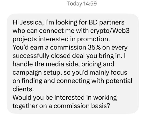 A text message sent at 14:59 to Jessica, offering a 35% commission-based BD partnership for connecting crypto/Web3 projects interested in promotion services.