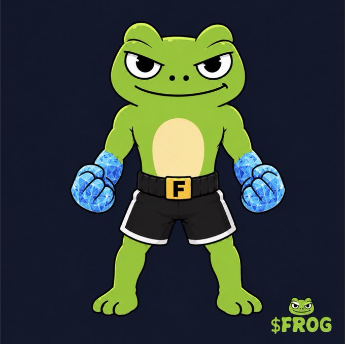 An illustrated green frog character wearing black boxing shorts with a yellow 'F' belt buckle, wearing blue crystal boxing gloves, branded as '$FROG'.