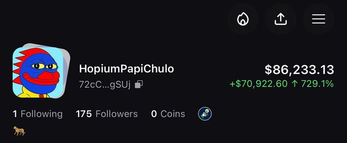 Profile page for 'HopiumPapiChulo' showing a Pepe-style avatar, a portfolio value of $86,233.13, a gain of +$70,922.60 (729.1%), with 1 following, 175 followers, and 0 coins.