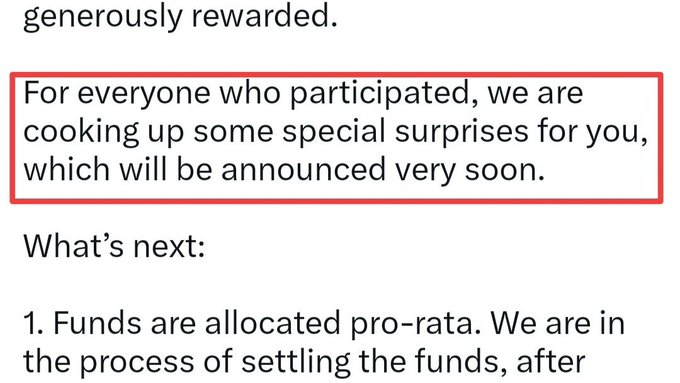 A text snippet with a red box highlighting: "For everyone who participated, we are cooking up some special surprises for you, which will be announced very soon," followed by a "What's next:" section about funds being allocated pro-rata.