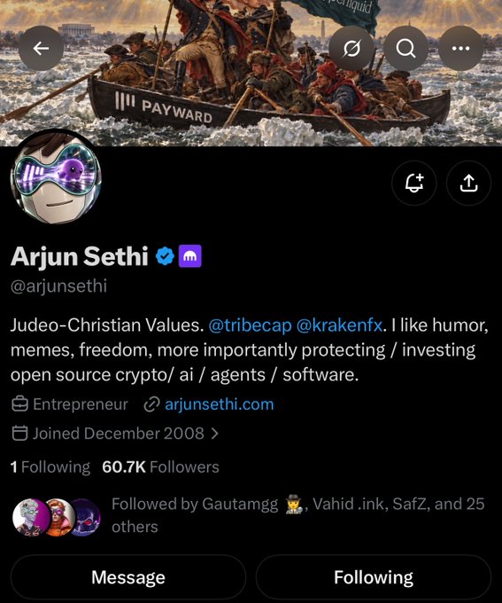 A Twitter/X profile for Arjun Sethi (@arjunsethi) with a verified checkmark, showing 60.7K followers and a bio referencing 'Judeo-Christian Values' and involvement in crypto/ai, with a 'PAYWARD' themed banner image.