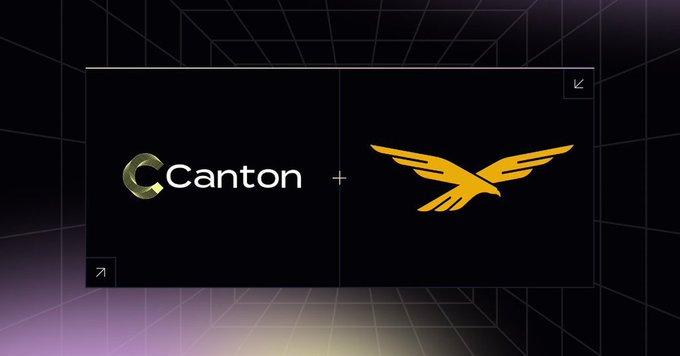The image displays a graphic featuring the "Canton" logo paired with a golden eagle emblem, separated by a plus sign, symbolizing a new partnership or integration. This visual ties to the announcement that World Liberty Financial's $USD1 stablecoin has launched natively on the Canton Network, marking a step toward institutional onchain finance.