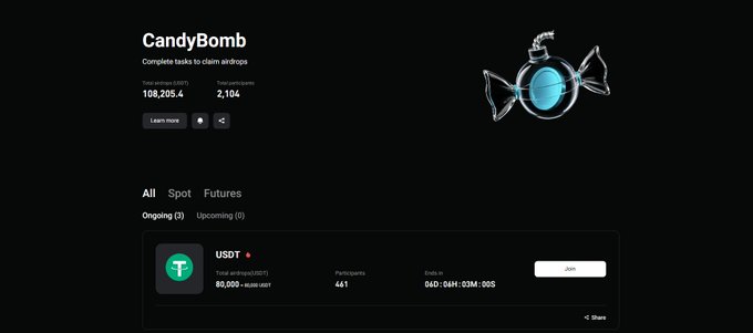 A CandyBomb airdrop interface showing USDT as a reward of 80,000 (~6,956.00 USDT) with 461 participants, on a dark background.