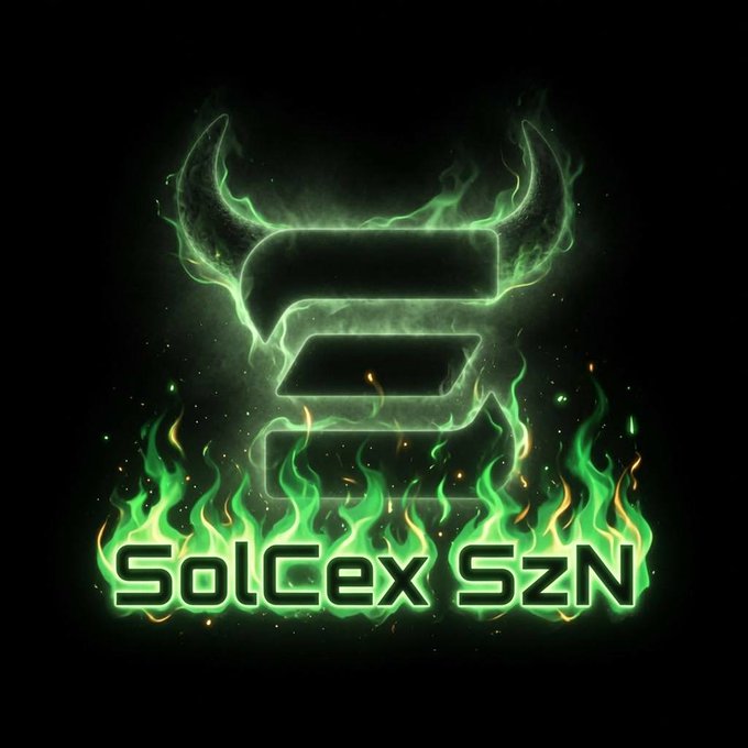 A stylized logo featuring a demonic, horned "S" emblem engulfed in green flames against a black background, with the text "SolCex SzN" displayed below. The fiery green design reinforces the "SolCex Szn" branding, evoking a bold, high-energy aesthetic.