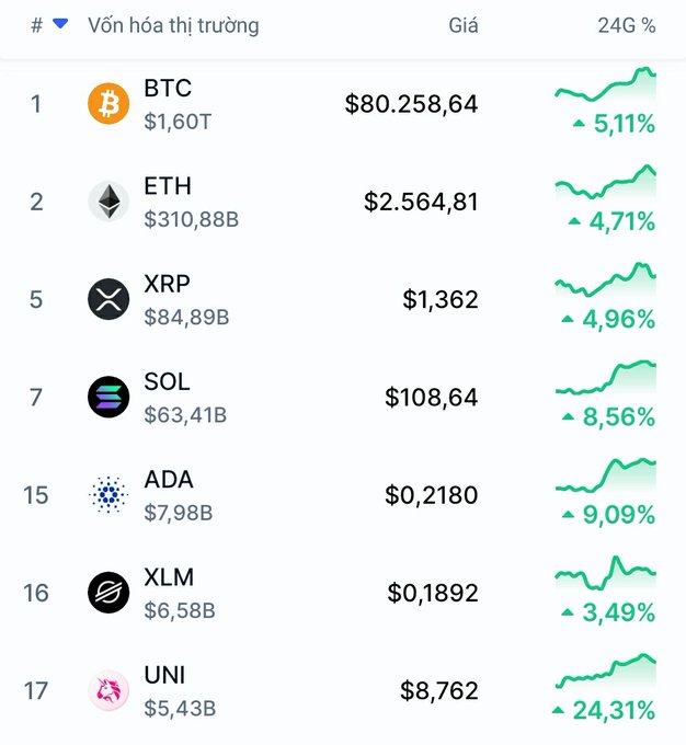 A cryptocurrency market cap table showing BTC ($80,258.64, +5.11%), ETH ($2,564.81, +4.71%), XRP ($1,362, +4.96%), SOL ($108.64, +8.56%), ADA ($0.2180, +9.09%), XLM ($0.1892, +3.49%), and UNI ($8,762, +24.31%) over 24 hours.
