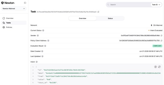 A screenshot of the Newton dashboard displaying task details for the "Newton Mainnet", showing network status, sender addresses, a "COMPLIANT" evaluation result, and intent data including a chain_id of "0x2105".