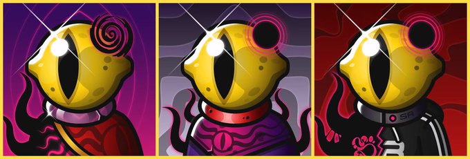Three stylized yellow character panels with spiral eye designs appear side by side, each with distinct color schemes (purple, dark purple, and red backgrounds), one wearing a jacket labeled "SR" — visually representing the growing collection mentioned in the post about "making 3 now" and holding (HODL) onto lemons.