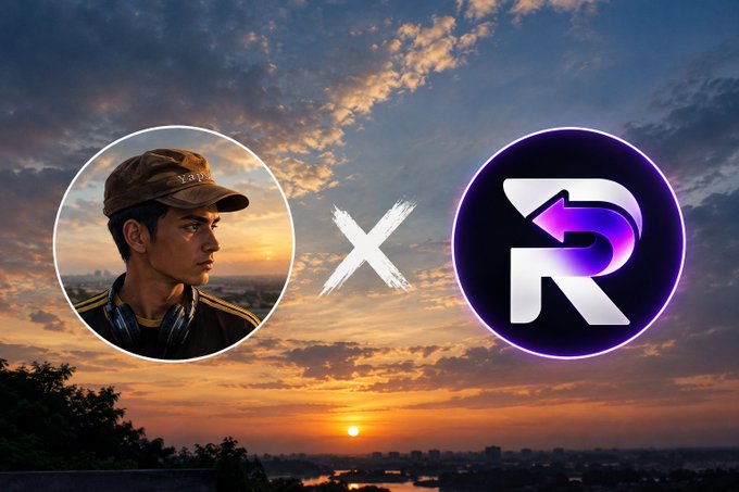 A sunset collaboration graphic shows a circular portrait of a man on the left, a white brushstroke “X” in the center, and a glowing purple circular R-style logo on the right.