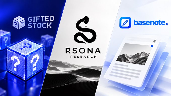 A promotional banner displays three logos: 'GIFTED STOCK' with blue cubes, 'RSONA RESEARCH' with a snake emblem over sand dunes, and 'basenote.' next to document icons.