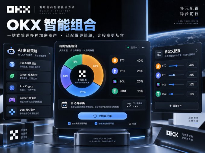 A dark-themed Chinese-language advertisement for "OKX 智能组合" (OKX Smart Portfolio), showing a pie chart and allocation percentages for crypto assets like BTC, ETH, SOL, and USDT.