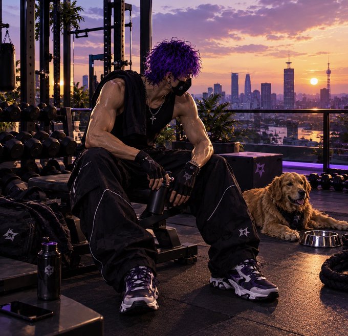 A muscular anime-style character with purple hair sits on a gym bench in workout gear, with a golden retriever dog and a sunset city skyline in the background.