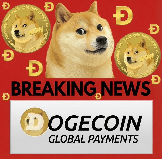 A Shiba Inu dog with "BREAKING NEWS" displayed above the "DOGECOIN GLOBAL PAYMENTS" logo, surrounded by Dogecoin coins and "WOW" tokens on a red background, visually promoting the announcement that Dogecoin payments are going global.
