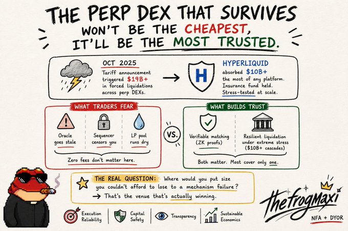 A hand-drawn style infographic titled 'THE PERP DEX THAT SURVIVES WON'T BE THE CHEAPEST, IT'LL BE THE MOST TRUSTED' by thefrogmaxi, contrasting trader fears (oracle manipulation, censorship, LP runs) with trust-building features (ZK verifiable matching, $10B+ liquidation buffer) and noting October 2025's $1.9B in forced liquidations across perp DEXs.