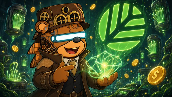 A steampunk-styled chipmunk wearing glowing blue visors and a top hat holds a glowing green wireframe network above a token marked "$," surrounded by floating gold coins and futuristic green capsules. The illustration visually echoes the post's pitch for CNPY Network by depicting an "underground" or homegrown digital economy where apps can thrive independently, reinforced by the prominent dollar-sign token symbolizing sovereignty and fee control.