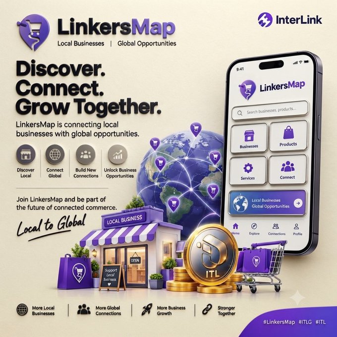 An advertisement for "LinkersMap" with the tagline "Discover. Connect. Grow Together." and "Local to Global," showing a smartphone interface, a globe with location pins, and an ITL coin.