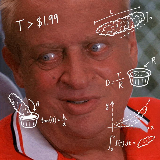 A close-up of a man's face with overlaid white mathematical equations and diagrams explaining projectile motion, including formulas like tan(θ) = h/d, D = T/R, and T > $1.99.