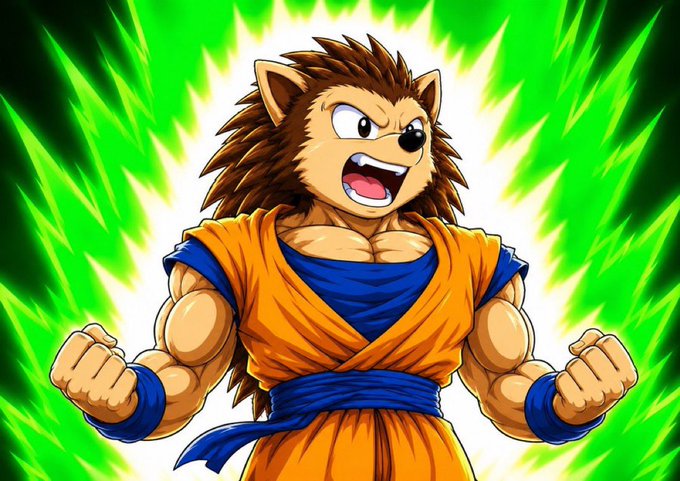 The image features an anthropomorphic hedgehog warrior in an orange gi, posed powerfully with clenched fists against a dramatic green energy background, evoking a fierce, battle-ready spirit. This visually reinforces the post's bullish conviction toward the $HEDGIES token, symbolizing the strength and readiness to strike after its period of consolidation.