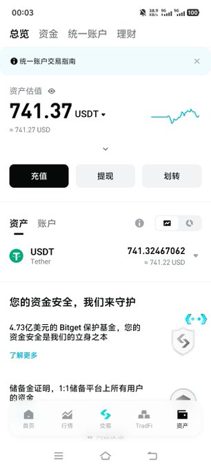 The image shows a cryptocurrency wallet/app screenshot displaying a total asset value of 741.37 USDT, with the user holding Tether (USDT) worth approximately $741.22. It relates to the post by showing the trader's available USDT balance being used to open a position in $Bome, the meme coin mentioned in the caption.