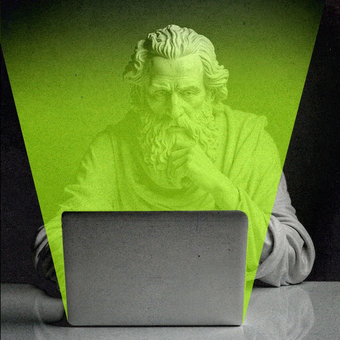A contemplative bearded statue, reminiscent of a classical philosopher, appears bathed in a green laser beam emanating from a laptop, symbolizing how modern technology and crypto trading break through the constraints of traditional thinking. The image visually reinforces the post's message about dismantling old conventions, with the laptop at the base serving as the gateway to new financial frontiers at web3.okx.com/ul/88gS49.