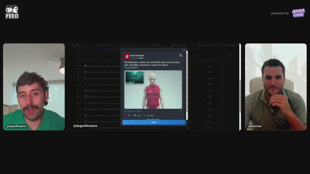 The image shows a computer screen with three different posts displayed, each featuring a person's face. The first post has a man wearing a green shirt and a mustache, while the second post features a woman dressed in red. The third post includes an image of a man wearing a green shirt as well. These posts are related to a live stream that is currently open for everyone to view. The caption on the image reads: "Streaming is now live on The Feed and open for everyone. Checkout the first live stream from @dogeofficialceo and @SizeChad".
