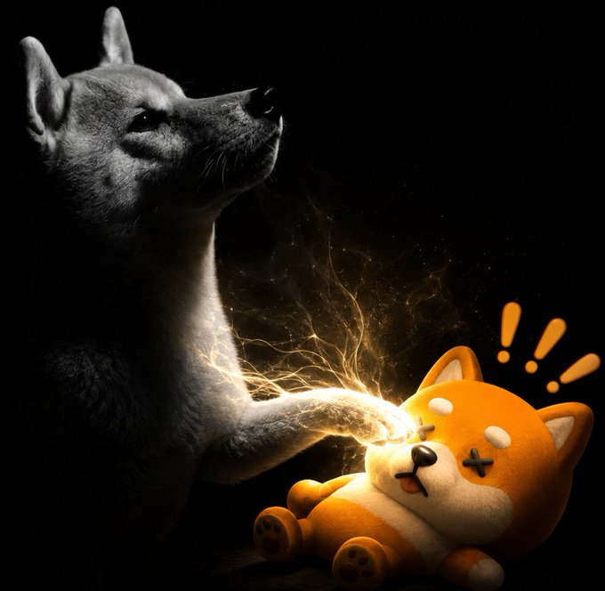 A husky dog taps its paw on an orange Shiba Inu plush toy, sending bright sparks into the air to "revive" it—accompanied by illustration-style "!!!" punctuation marks highlighting the moment. The image humorously visualizes the post's caption about a token staying dormant until canine-themed enthusiasm brings it back to life, tying together the dog imagery with Shiba Inu (SHIB) and dog-themed crypto culture like DOGE and FLOKI.

No visible text, numbers, or tickers appear in the image itself.