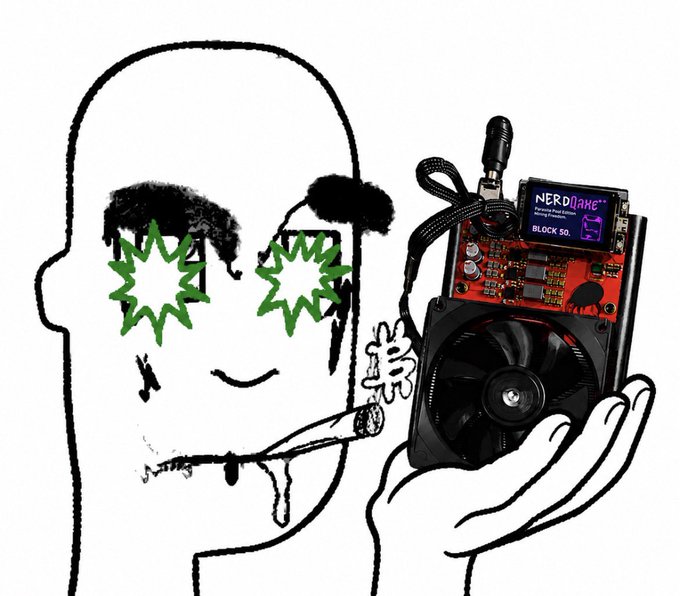 The image features a person wearing glasses with green eyes holding up a computer device that has a red screen and a black fan attached to it, along with a cigarette. The text in the image reads "Without Ordinal MaxiBiz, I’d still be on the sidelines. ZK turned us into hash. Now I’m mining, running a node & Stacking sats. This isn't just 1/1 art - ZK made us part of the network. Parasite Pool zero fees, Lightning payouts. OMB doesn't follow—it leads." The person in the image is wearing glasses with green eyes and holding up a computer device that has a red screen and a black fan attached to it.