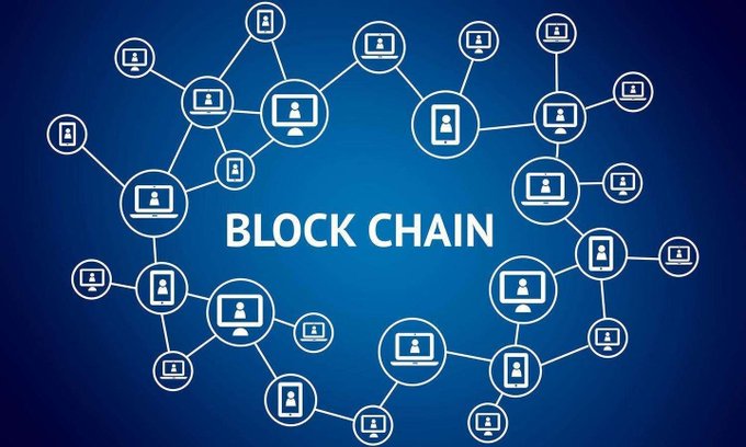 A blue graphic displaying the word 'BLOCK CHAIN' surrounded by a network of connected device icons representing computers and people.