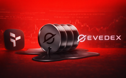 The image features an oil barrel with black paint dripping from its side onto a red background. The barrel has a logo of a planet on it, which is associated with EVEDEX. In the bottom right corner of the image, there's a small white square containing the text "@useTria" and "@evedex". This suggests that the oil barrel might be related to the EVEDEX cryptocurrency exchange or trading platform. The post also mentions that the EVEDEX exchange is still looking for when they will bring in a $TRIA trading pair, which could potentially be an indication of a new crypto synergy between Tria and EVEDEX.