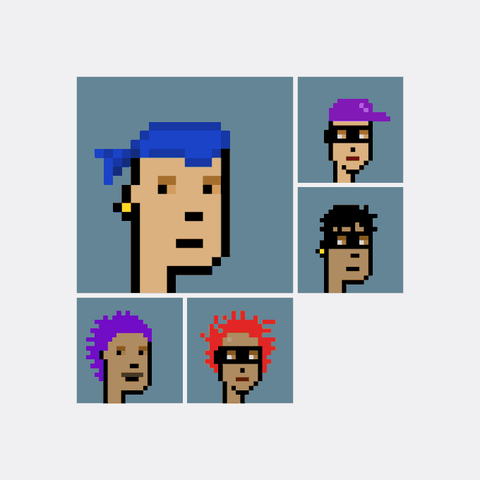 Pixel art style collage displaying five panels of stylized character portraits with various hair colors (blue, purple, red) and accessories including caps and masks.