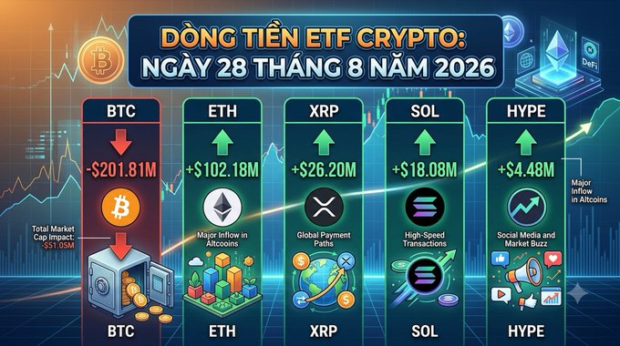 A Vietnamese crypto infographic titled 'DÒNG TIỀN ETF CRYPTO: NGÀY 28 THÁNG 8 NĂM 2026' showing BTC with -$201.81M outflow, ETH +$102.18M, XRP +$26.20M, SOL +$18.08M, and HYPE +$4.48M in major altcoin inflows.