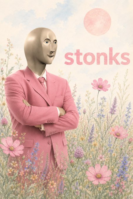 The classic 'stonks' meme featuring a mannequin in a pink suit standing in a field of flowers beneath a pink sun.