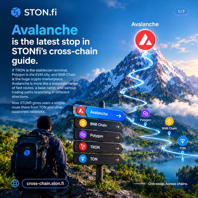 A promotional graphic for 'STON.fi' describing Avalanche as a 'mountain range of fast routes,' illustrating its cross-chain guide with logos for Avalanche, BNB Chain, Polygon, TRON, and TON.
