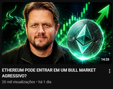 The image is a YouTube thumbnail featuring a man alongside a green bull, an Ethereum coin, and an upward-trending candlestick chart, with the Portuguese title "ETHEREUM PODE ENTRAR EM UM BULL MARKET AGRESSIVO?" ("Can Ethereum enter an aggressive bull market?"). The accompanying post mocks the creator by pointing out his history of contradictory crypto predictions, suggesting this bullish ETH thumbnail may soon be followed by another bearish flip-flop video.