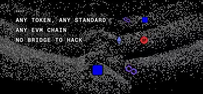A dark graphic displays the text 'ANY TOKEN, ANY STANDARD ANY EVM CHAIN NO BRIDGE TO HACK' alongside chain logos over a dotted background.