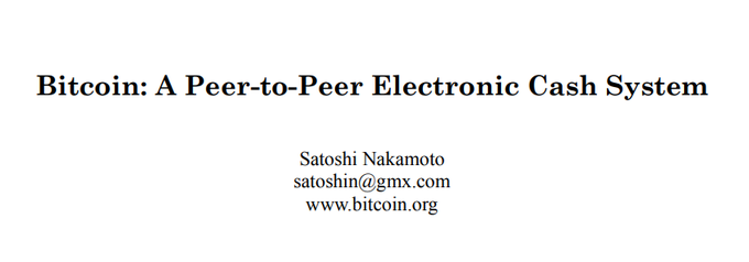 The image shows the title page of the Bitcoin whitepaper, "Bitcoin: A Peer-to-Peer Electronic Cash System" by Satoshi Nakamoto (satoshin@gmx.com), published at www.bitcoin.org. This nine-page document, displayed in its iconic minimalist title format, represents the groundbreaking solution to the double-spend problem referenced in the post—a decentralized, peer-to-peer electronic cash system that eliminated the need for traditional financial intermediaries.