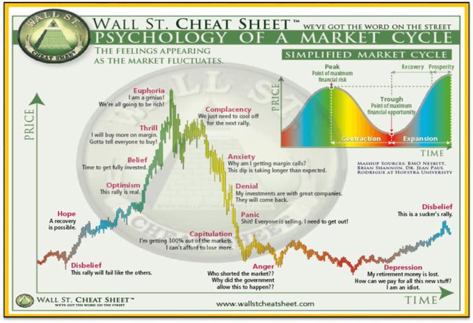 The 'Wall St. Cheat Sheet Psychology of a Market Cycle' infographic charts emotional stages (Hope, Optimism, Belief, Thrill, Euphoria, Complacency, Anxiety, Denial, Panic, Capitulation, Anger, Depression, Disbelief) against price over time, with a simplified cycle diagram in the corner.