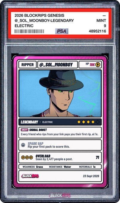 A PSA-graded Mint 9 Blockrips Genesis trading card featuring a 'RIPPER' legendary electric character named @_SOL_MOONBOY with 19K HP and an image of a fedora-wearing figure with green eyes.