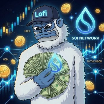 The image features a cartoon character, likely a snowman or a polar bear, wearing a hat with the word "LOFI" written on it. The character is holding money in its hands, which are made of dollar bills. The background of the image is dark blue and filled with various symbols related to cryptocurrency, such as Bitcoin and Ethereum. The post also mentions that the character is from the project "$LOFI on Sui is destined for billions and will be the top meme on this chain".