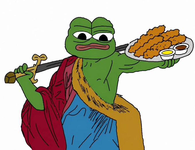 A cartoon drawing of Pepe the Frog depicted as a heroic figure, holding a sword in one hand and a plate of chicken tenders with two dipping sauces in the other, wearing a red cape and gold sash.