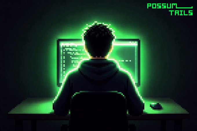 Pixel-art style image of a hooded figure sitting at a glowing green computer monitor, with 'POSSUM TRAILS' text in the upper right corner.