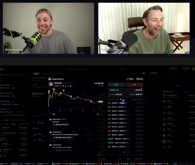 The image shows a video podcast featuring two hosts, "Greentrades" and "Craig's CoinBorse," above a crypto trading platform displaying the $MANCER token with a price of $4.3M MC, alongside a live chat where users encourage Craig's recent buy and urge him to "PAMP" the token higher.