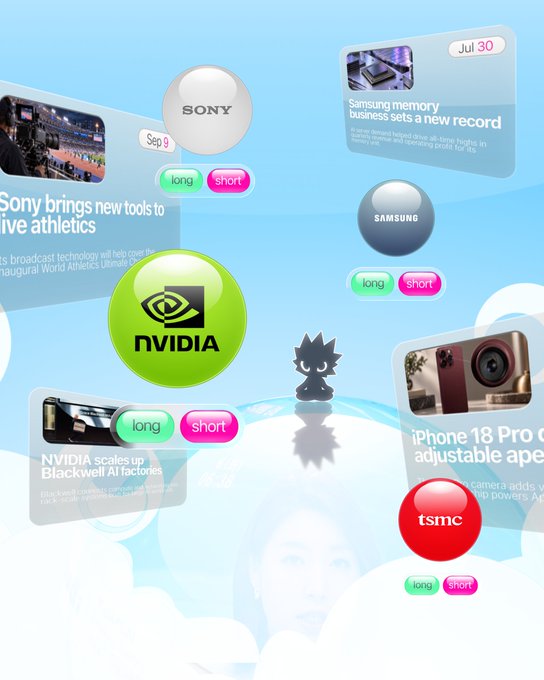A stylized digital graphic displays tech news and company logos for Sony, Samsung, NVIDIA, and TSMC, with headlines mentioning Sony's live athletics broadcast tools, Samsung memory business records, NVIDIA's Blackwell AI factories, and the iPhone 18 Pro's adjustable aperture.