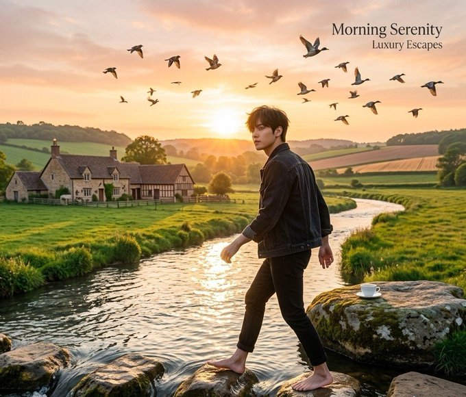 A young man walks barefoot across a rocky stream at sunrise in a pastoral landscape with birds flying overhead, a distant house, and the text 'Morning Serenity - Luxury Escapes' in the corner.